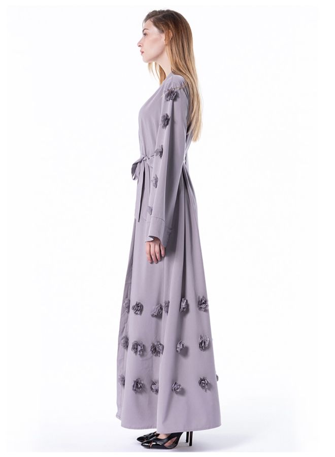 فستان بنقشة الزهور سادة وبأكمام طويلة أرجواني - Image 2