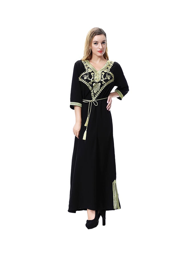 Patchwork Pattern Long Sleeve Abaya Maxi Dress Black/Gold  - Image 1