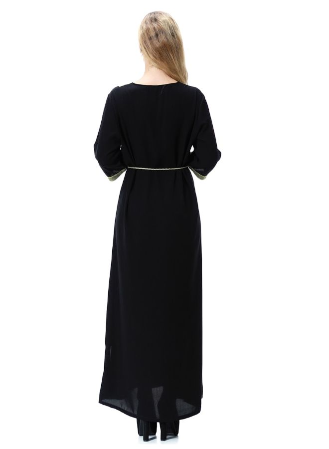 Patchwork Pattern Long Sleeve Abaya Maxi Dress Black/Gold  - Image 2