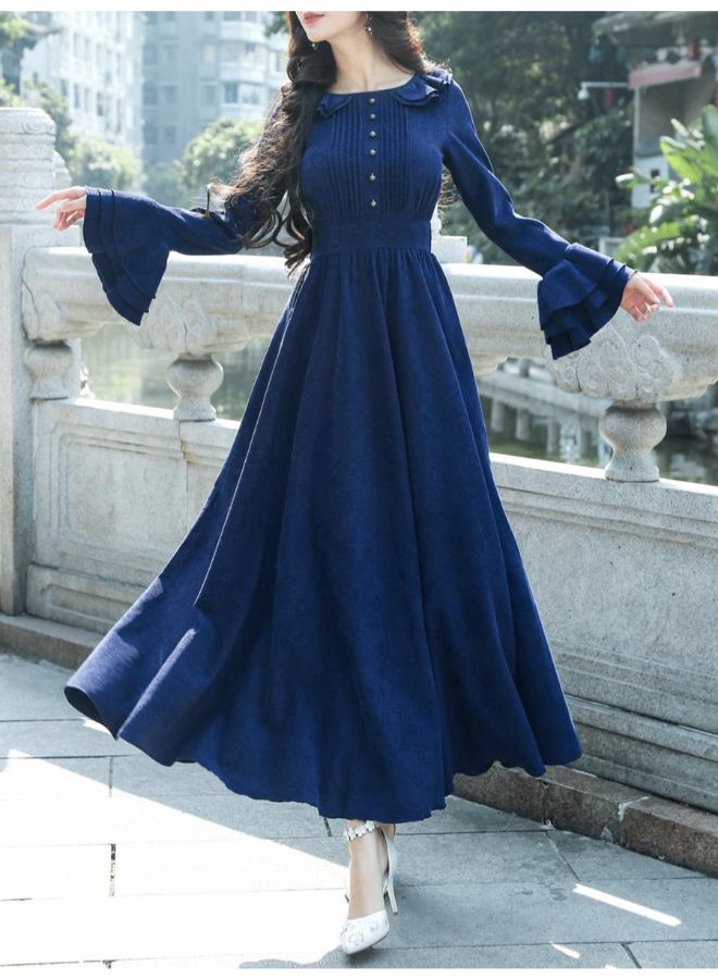 Casual A Line Bell Sleeve Maxi Dress Blue - Image 2