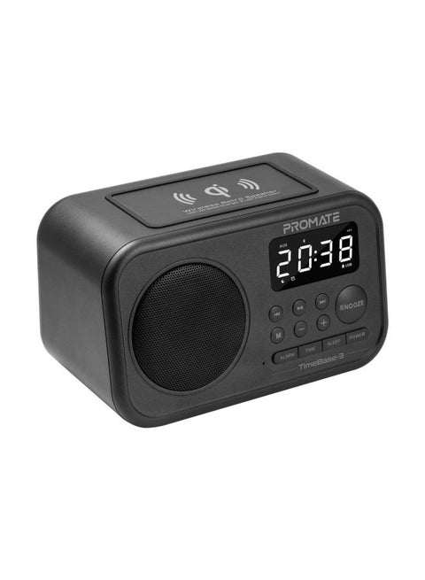 Qi Wireless Bluetooth Charger Speaker With 5W HD Speaker/Media Port/Alarm Clock/LED Time Display/Aux-In/FM Radio/USB Charging Port And Mic, Timebase-3 Black