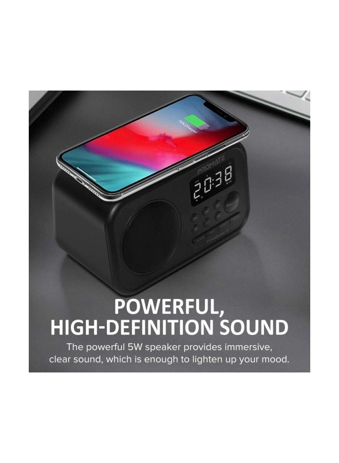 Qi Wireless Bluetooth Charger Speaker With 5W HD Speaker/Media Port/Alarm Clock/LED Time Display/Aux-In/FM Radio/USB Charging Port And Mic, Timebase-3 Black