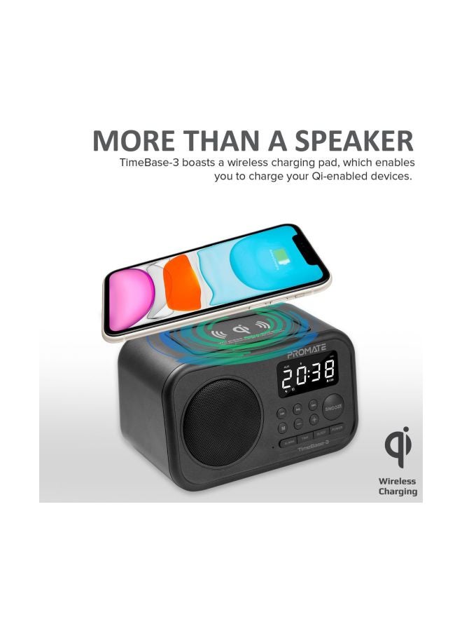 Qi Wireless Bluetooth Charger Speaker With 5W HD Speaker/Media Port/Alarm Clock/LED Time Display/Aux-In/FM Radio/USB Charging Port And Mic, Timebase-3 Black