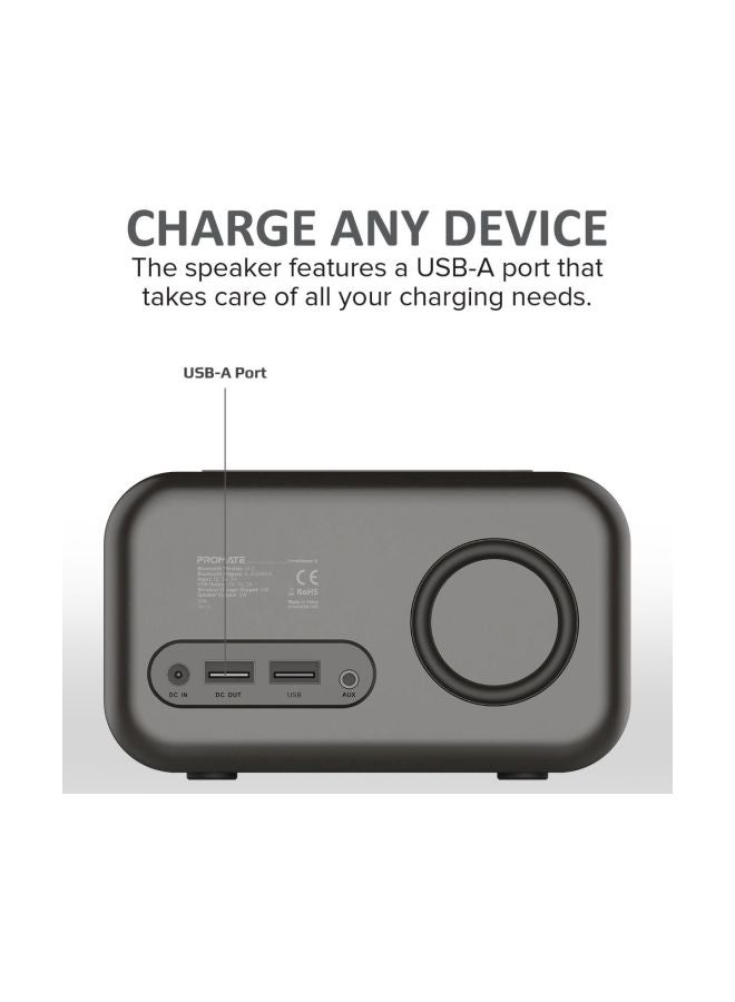 Qi Wireless Bluetooth Charger Speaker With 5W HD Speaker/Media Port/Alarm Clock/LED Time Display/Aux-In/FM Radio/USB Charging Port And Mic, Timebase-3 Black