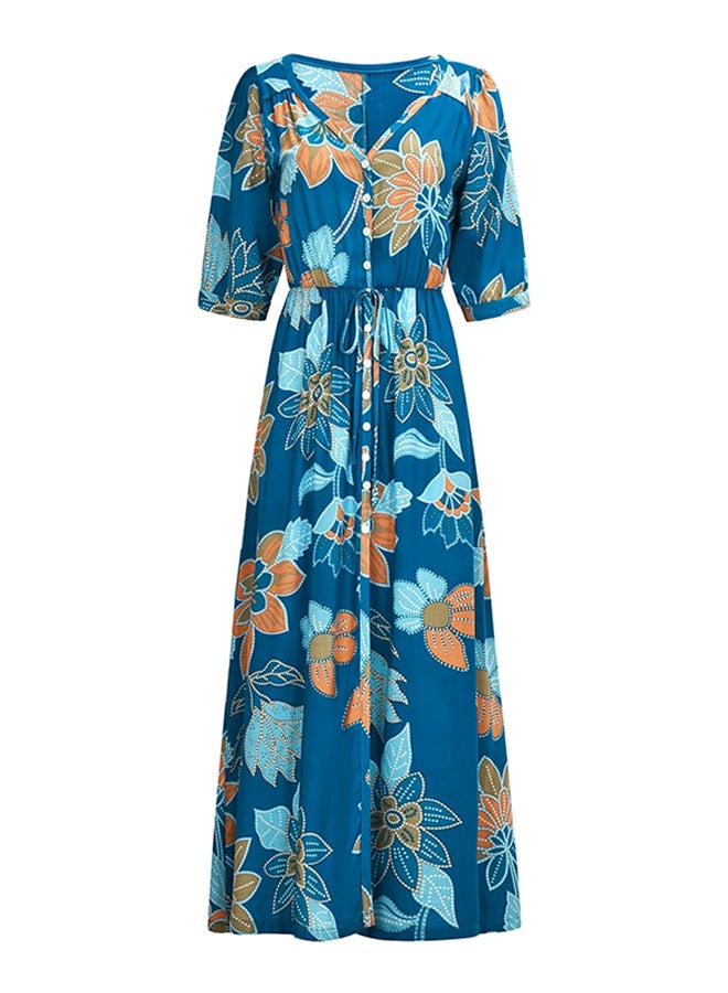 Maxi Long Dress V Neck Floral Pattern Three Quarters Sleeve Beach Dress Multicolor  - Image 1