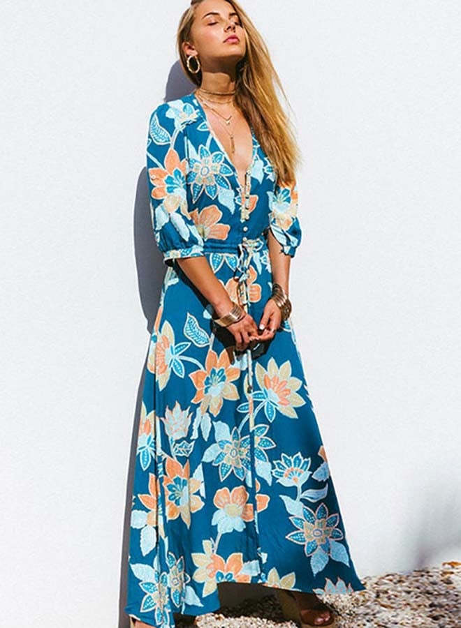 Maxi Long Dress V Neck Floral Pattern Three Quarters Sleeve Beach Dress Multicolor  - Image 2