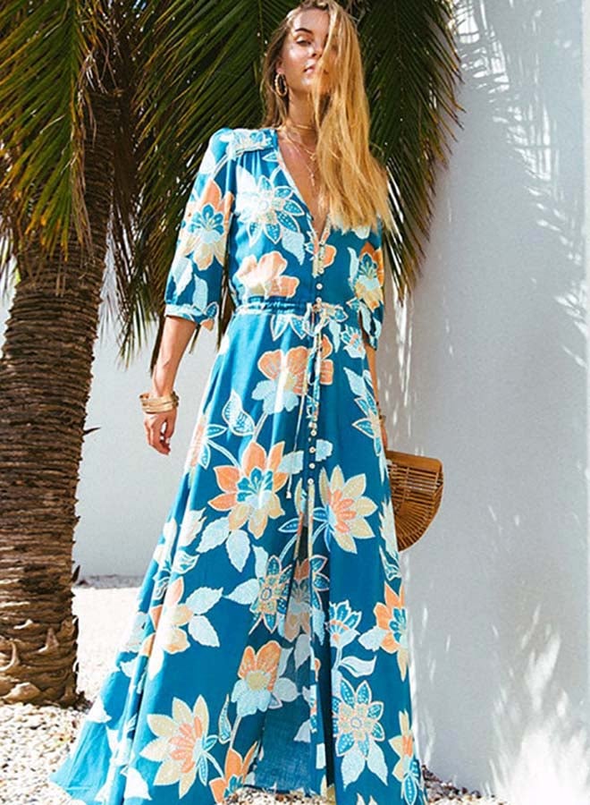 Maxi Long Dress V Neck Floral Pattern Three Quarters Sleeve Beach Dress Multicolor  - Image 3