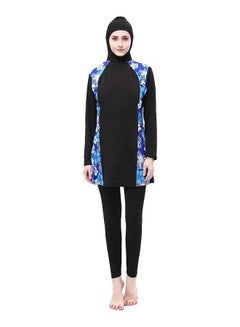 Flower Pattern Patchwork Hooded Top And Pants Swimsuit Blue