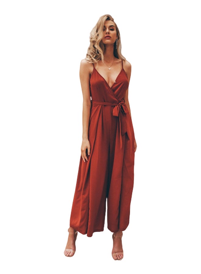 Floral V Neck Sleeveless High Waist Jumpsuit Brick/red - Image 1