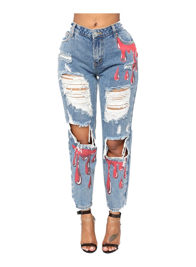 Fashion Pocket Frayed Denim Jeans Pant Blue - Image 2