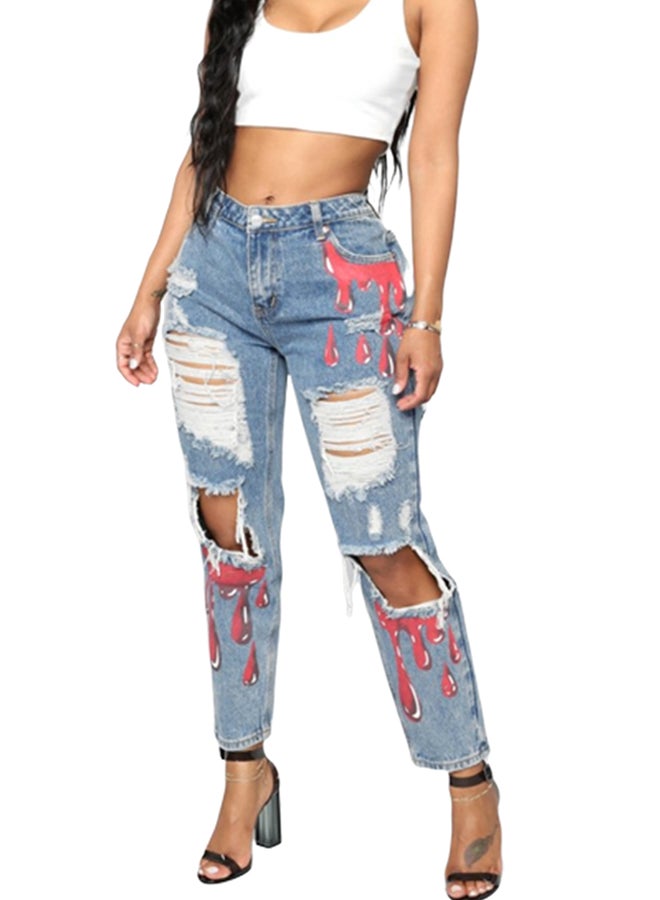 Fashion Pocket Frayed Denim Jeans Pant Blue - Image 3