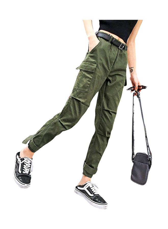 Cargo Pants High Waist Solid Pockets Casual Pants Army Green - Image 1