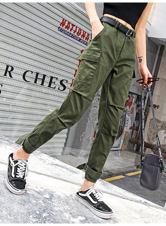 Cargo Pants High Waist Solid Pockets Casual Pants Army Green - Image 2