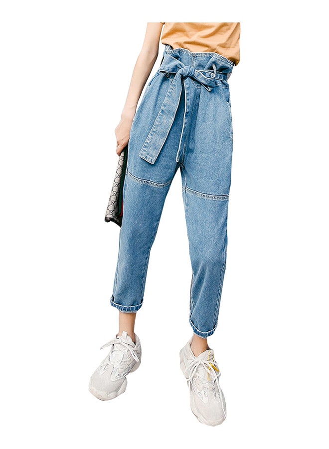 Solid High Waist Straight Jeans Pant Light Blue - Image 1