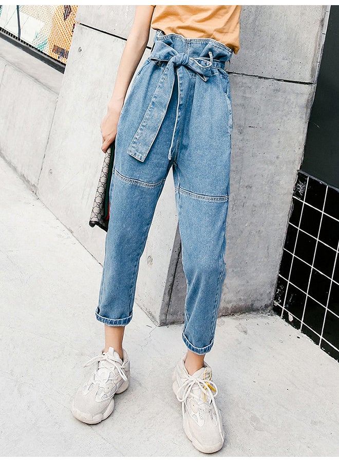 Solid High Waist Straight Jeans Pant Light Blue - Image 2