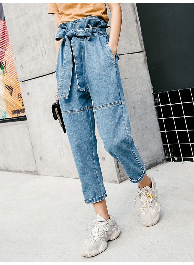 Solid High Waist Straight Jeans Pant Light Blue - Image 3