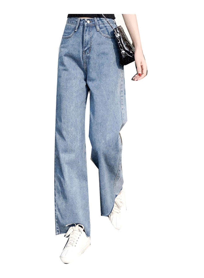 Button Zipper Casual Denim Jeans Pant Blue - Image 1