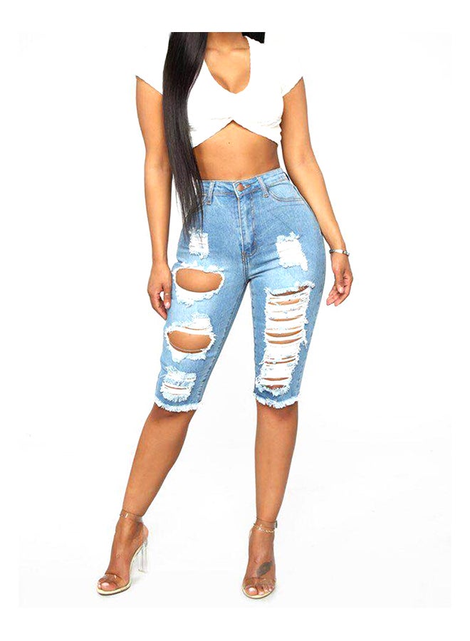 Frayed Button Zipper Short Pants Blue - Image 3