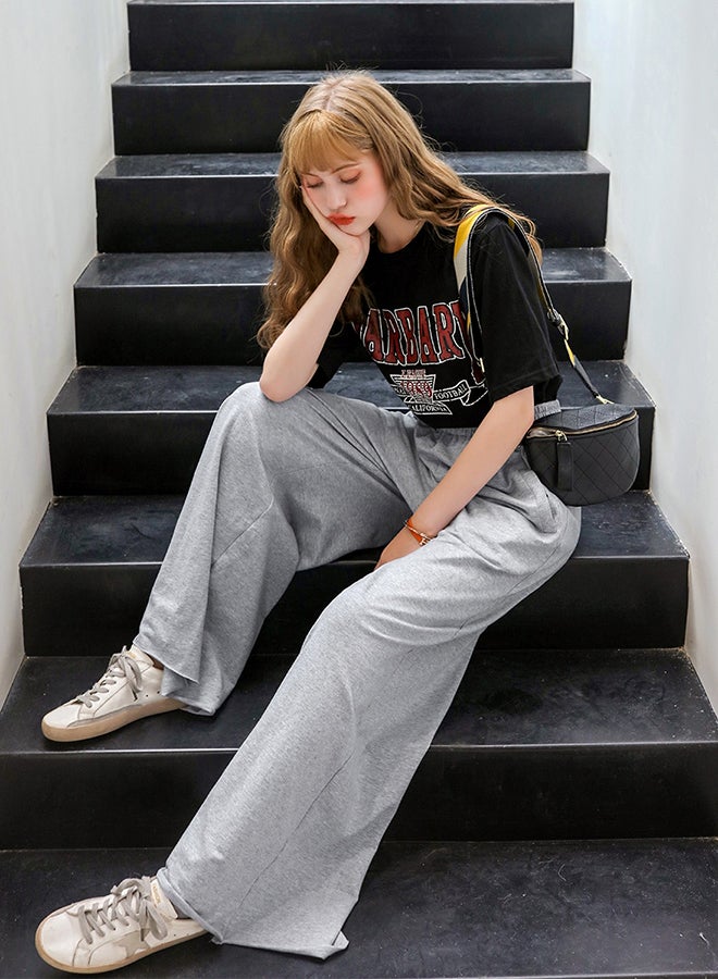 Wide Leg Solid Pocket Drawstring Trousers Grey  - Image 3