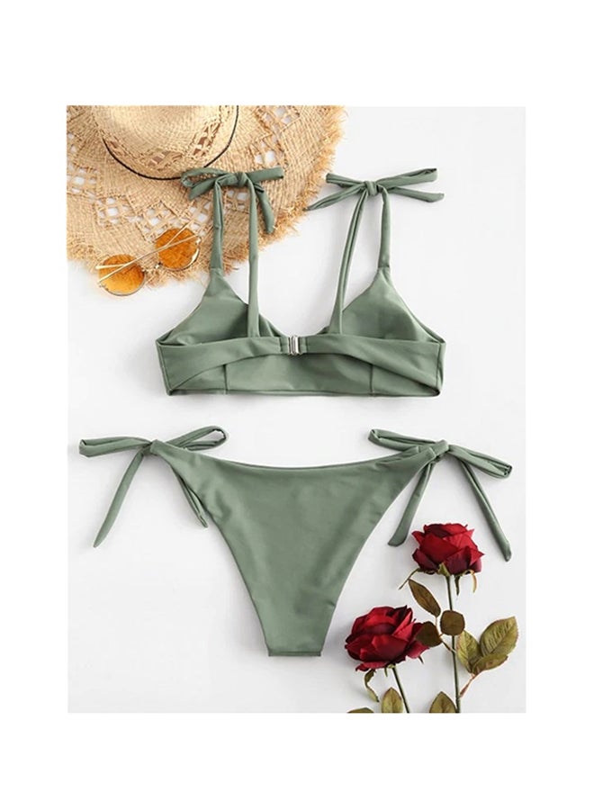2-Piece Bikini Solid Bow Decor Swimwear Set Green - Image 3