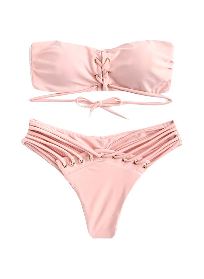 2-Piece Swimsuits Solid Lacing Set Pink - Image 2