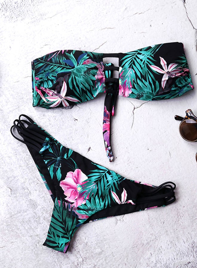 2-Piece Bikini Off Shoulder Flowers Print Sweet Elastic Comfy Swimwear Set Multicolour - Image 3