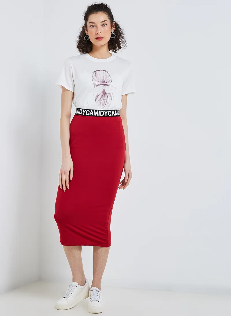 High Streets Solid Pattern Elastic Waist Skirt Dark red