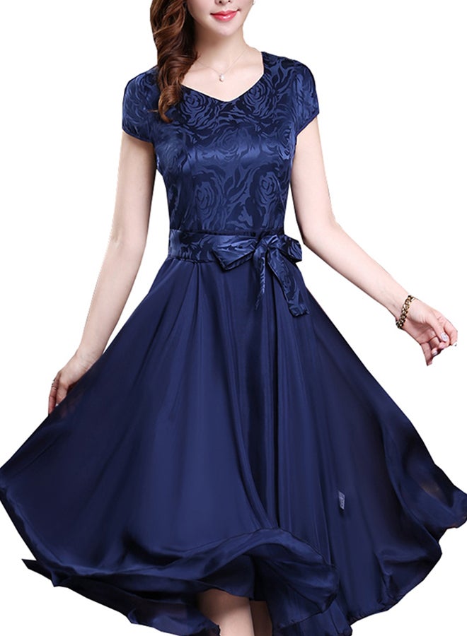 A Line V-Neck Short Sleeve Midi Dress Blue - Image 1