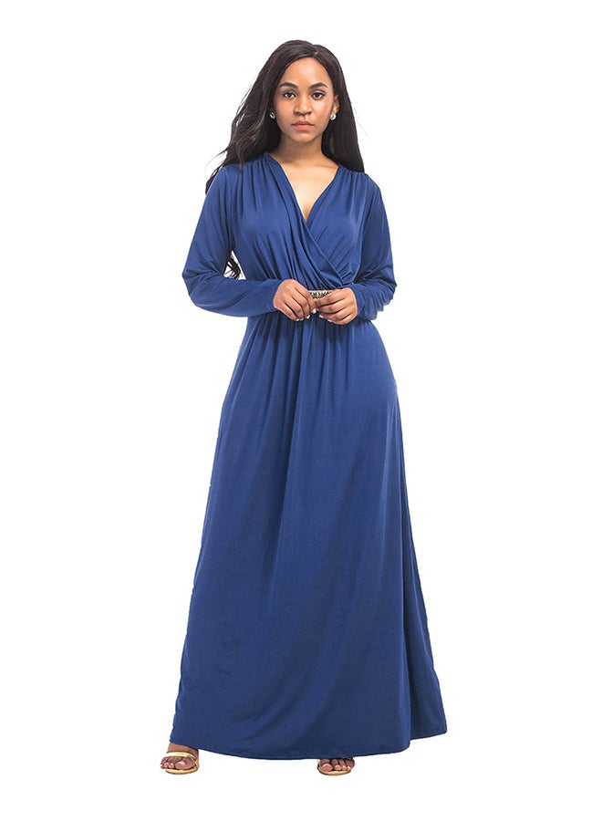 Solid Pattern Long Sleeve A Line Maxi Dress Blue  - Image 1