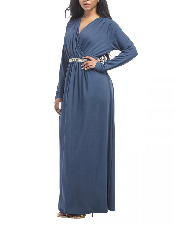 Solid Pattern Long Sleeve A Line Maxi Dress Blue  - Image 2