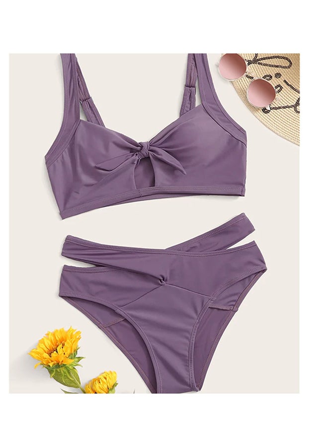 2-Piece Solid Bra Brief Swimwear Bikini Set Purple - Image 2