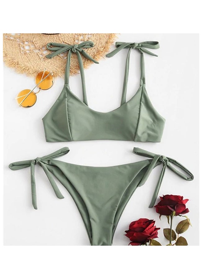 2-Piece Bikini Solid Bow Decor Swimwear Set Green - Image 2