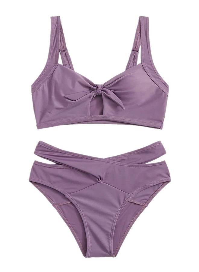 2-Piece Solid Bra Brief Swimwear Bikini Set Purple - Image 1