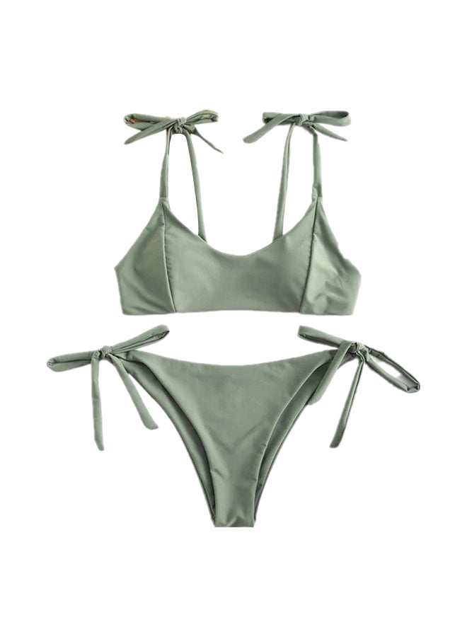 2-Piece Bikini Solid Bow Decor Swimwear Set Green - Image 1