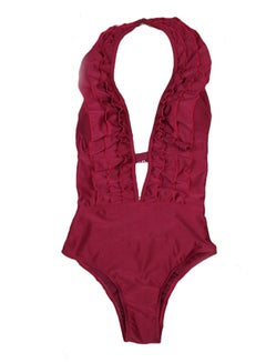 Solid Ruffles Deep V Halterneck Tankini Red