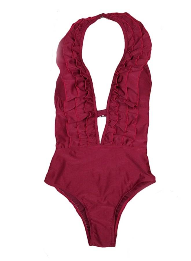 Generic - Solid Ruffles Deep V Halterneck Tankini Red - Image 1