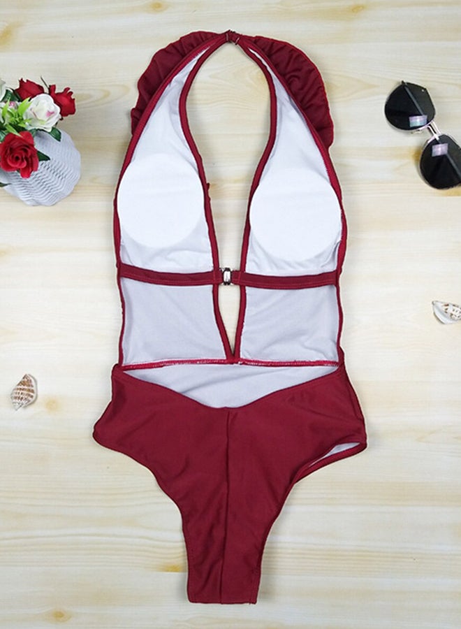 Generic - Solid Ruffles Deep V Halterneck Tankini Red - Image 1