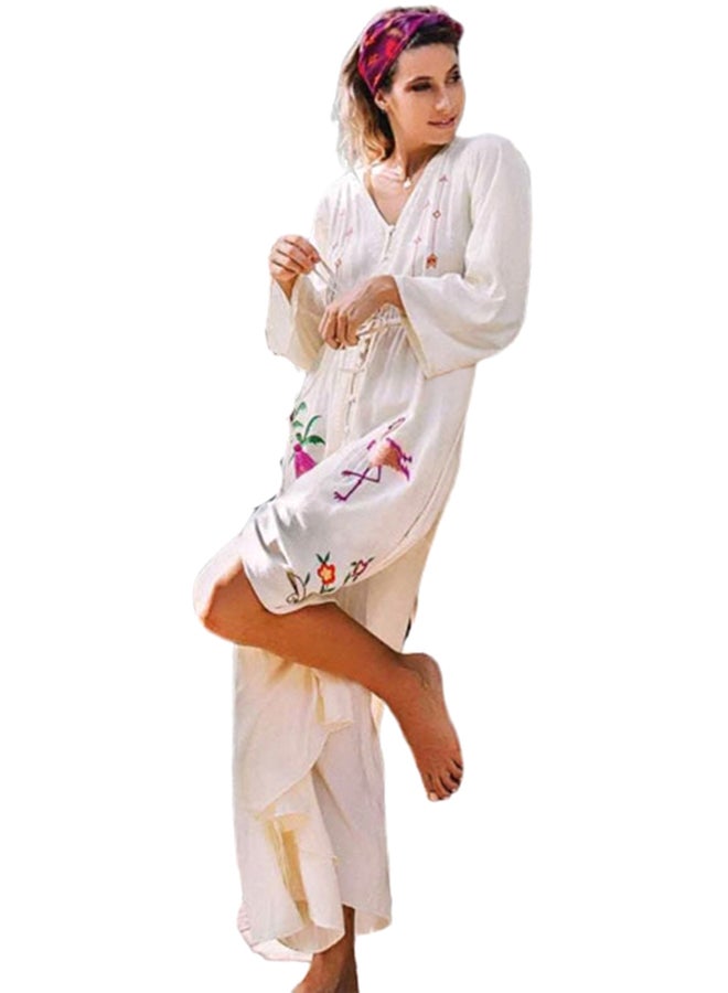 V Neck Embroidery Maxi Long Cover Up White - Image 2