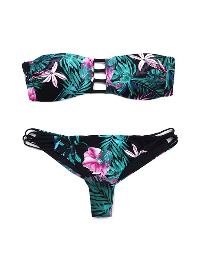 2-Piece Bikini Off Shoulder Flowers Print Sweet Elastic Comfy Swimwear Set Multicolour - Image 1