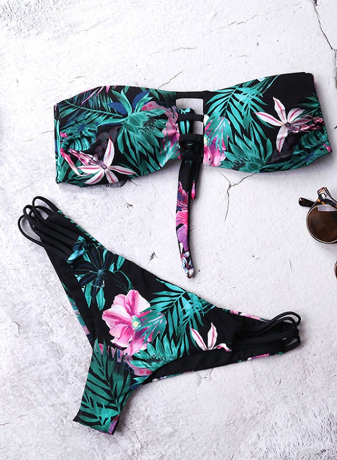 2-Piece Bikini Off Shoulder Flowers Print Sweet Elastic Comfy Swimwear Set Multicolour - Image 2