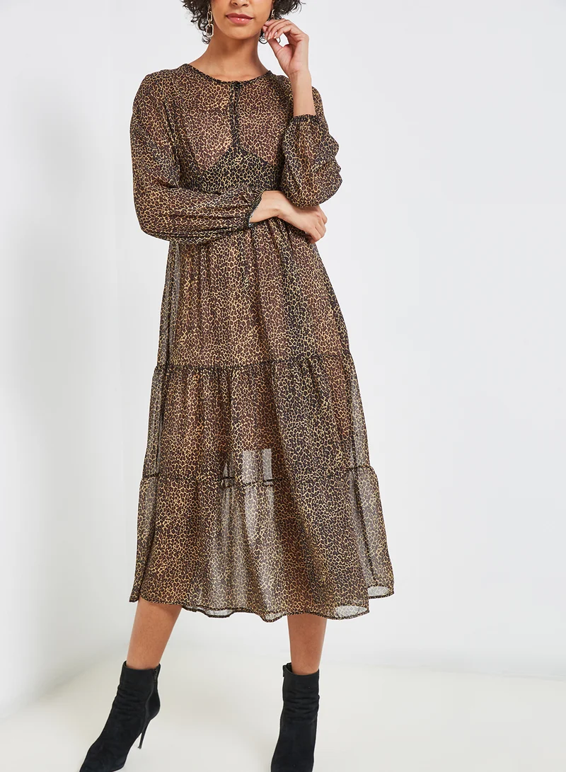 High Streets Leopard Chiffon Midi Dress Leopard Print