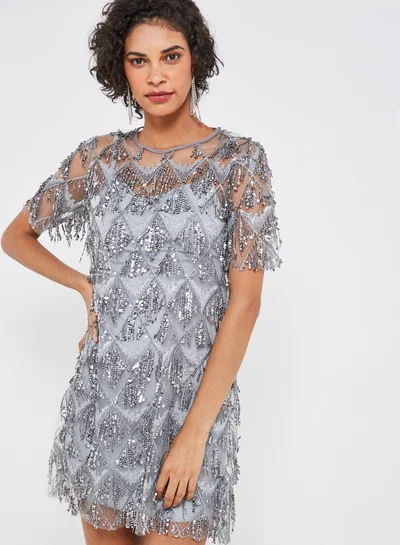 High Streets Embellished Round Neck Shift Mini Dress Charcoal Grey