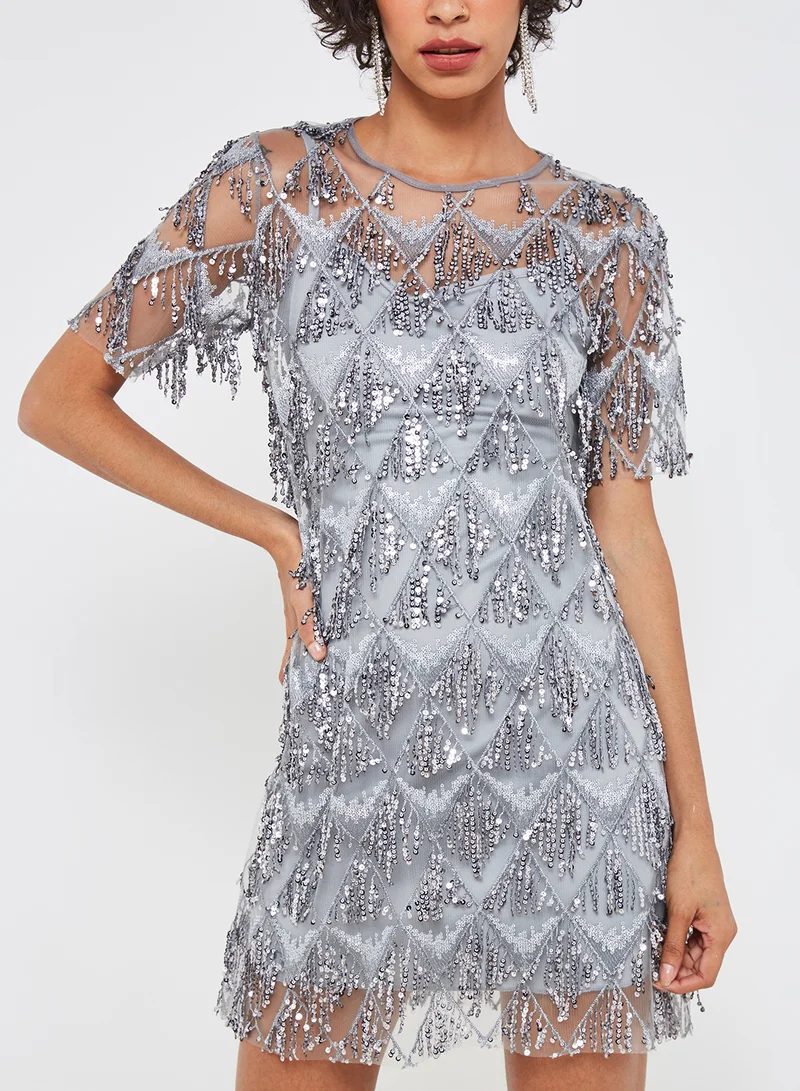 High Streets Embellished Round Neck Shift Mini Dress Charcoal Grey