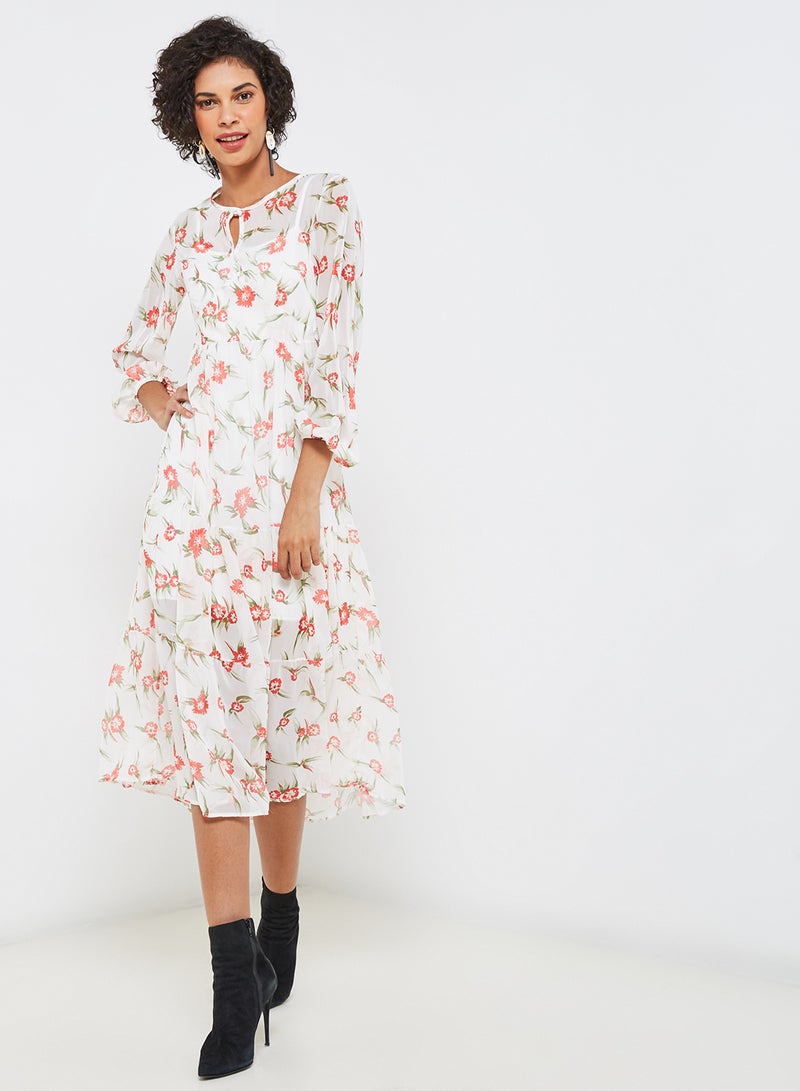High Streets Floral Printed Midi Dress Cream/Red  - Image 1