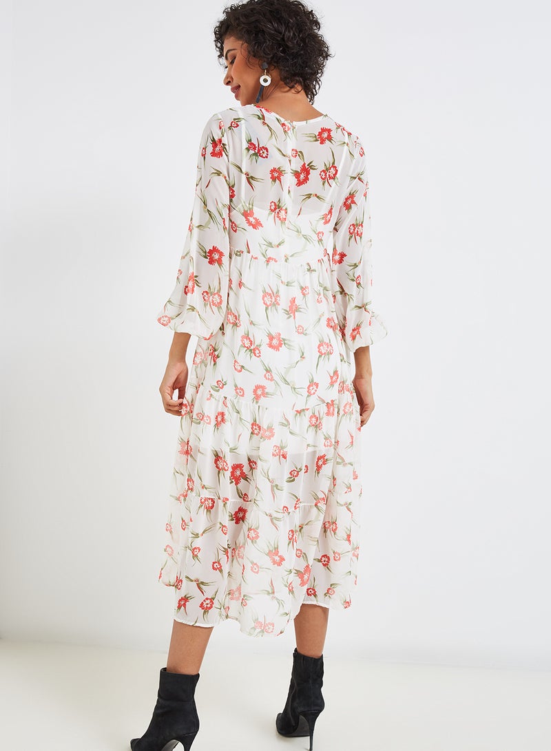 High Streets Floral Printed Midi Dress Cream/Red  - Image 2