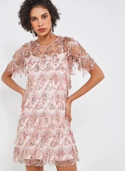 High Streets Embellished Round Neck Shift Mini Dress Blush Pink
