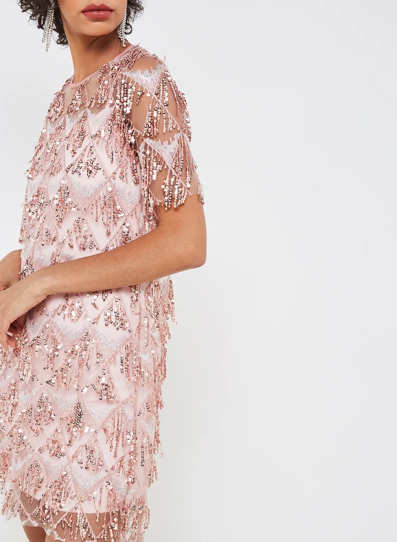 High Streets Sequin Fringe Dress Blush Pink