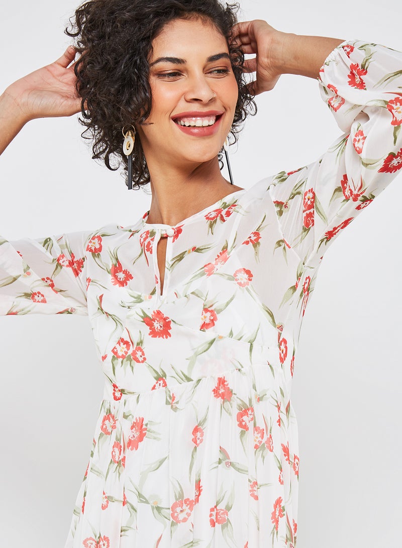 High Streets Floral Printed Midi Dress Cream/Red  - Image 3