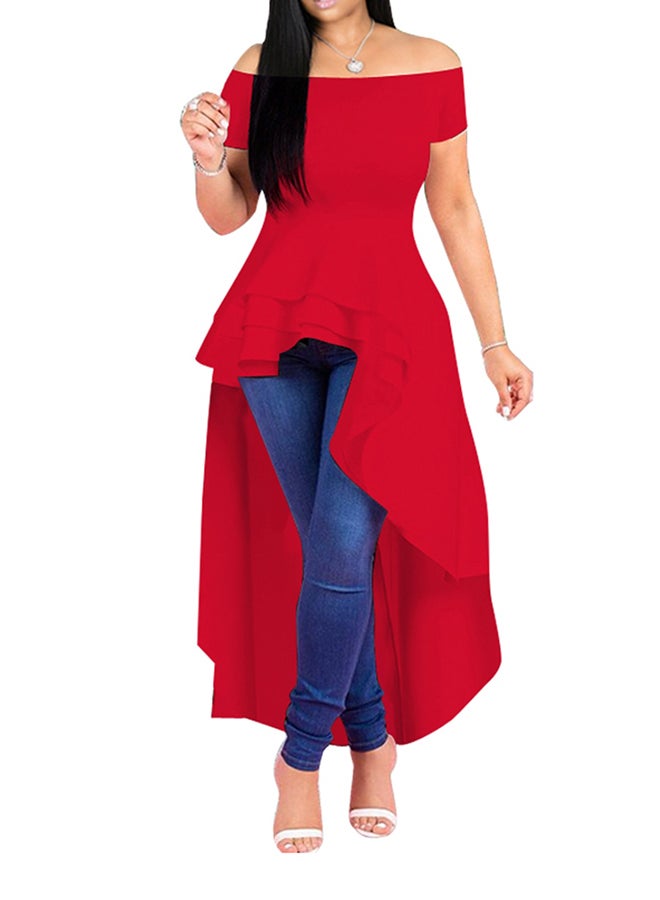 A Line Fashion Slash Neck Short Sleeve Solid Color Dress Red - Image 1