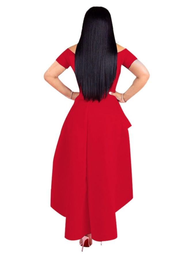 A Line Fashion Slash Neck Short Sleeve Solid Color Dress Red - Image 2